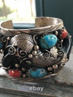 Heavy Large Vintage Navajo Coral Turquoise Sterling Silver Cuff Bracelet Signed