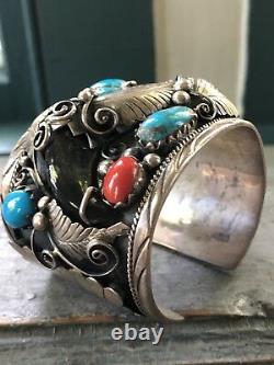 Heavy Large Vintage Navajo Coral Turquoise Sterling Silver Cuff Bracelet Signed