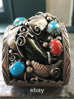 Heavy Large Vintage Navajo Coral Turquoise Sterling Silver Cuff Bracelet Signed