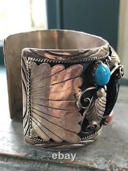 Heavy Large Vintage Navajo Coral Turquoise Sterling Silver Cuff Bracelet Signed