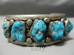 Heavy Thick Sturdy Vintage Navajo Spiderweb Turquoise Sterling Silver Bracelet