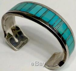 Heavy Thick Vintage Navajo Sterling Silver Turquoise Inlay Cuff Bracelet