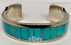 Heavy Thick Vintage Navajo Sterling Silver Turquoise Inlay Cuff Bracelet