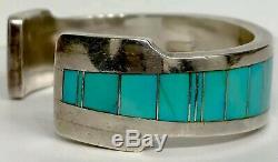 Heavy Thick Vintage Navajo Sterling Silver Turquoise Inlay Cuff Bracelet