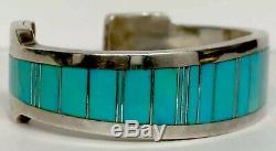 Heavy Thick Vintage Navajo Sterling Silver Turquoise Inlay Cuff Bracelet