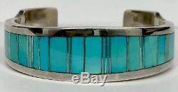 Heavy Thick Vintage Navajo Sterling Silver Turquoise Inlay Cuff Bracelet