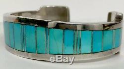 Heavy Thick Vintage Navajo Sterling Silver Turquoise Inlay Cuff Bracelet