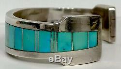 Heavy Thick Vintage Navajo Sterling Silver Turquoise Inlay Cuff Bracelet