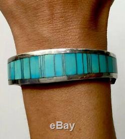 Heavy Thick Vintage Navajo Sterling Silver Turquoise Inlay Cuff Bracelet