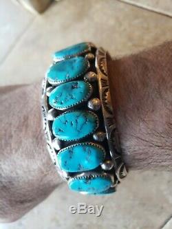 Heavy Vintage Native American Turquoise Sterling Silver cuff Bracelet