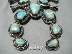 Heavy Vintage Navajo Green Turquoise Sterling Silver Squash Blossom Necklace