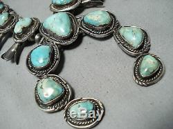 Heavy Vintage Navajo Green Turquoise Sterling Silver Squash Blossom Necklace