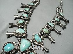 Heavy Vintage Navajo Green Turquoise Sterling Silver Squash Blossom Necklace