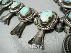 Heavy Vintage Navajo Green Turquoise Sterling Silver Squash Blossom Necklace