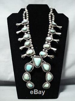 Heavy Vintage Navajo Green Turquoise Sterling Silver Squash Blossom Necklace