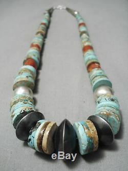 Huge Chunky Vintage Santo Domingo Turquoise Sterling Silver Necklace Old
