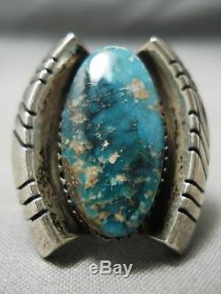 Huge Heavy Thick Vintage Navajo Aqua Blue Turquoise Sterling Silver Ring Old