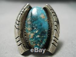 Huge Heavy Thick Vintage Navajo Aqua Blue Turquoise Sterling Silver Ring Old