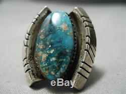 Huge Heavy Thick Vintage Navajo Aqua Blue Turquoise Sterling Silver Ring Old