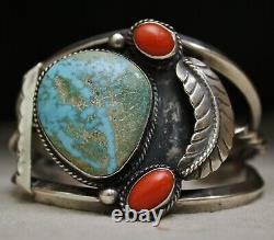 Huge Vintage Native American Navajo Coral Turquoise Sterling Silver Bracelet