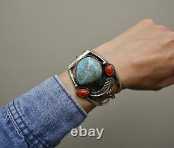 Huge Vintage Native American Navajo Coral Turquoise Sterling Silver Bracelet