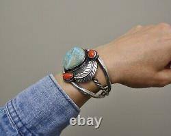 Huge Vintage Native American Navajo Coral Turquoise Sterling Silver Bracelet