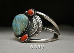 Huge Vintage Native American Navajo Coral Turquoise Sterling Silver Bracelet