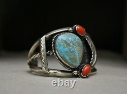 Huge Vintage Native American Navajo Coral Turquoise Sterling Silver Bracelet