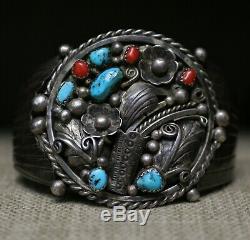 Huge Vintage Native American Navajo Sterling Turquoise Coral Cuff Bracelet
