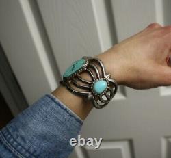 Huge Vintage Native American Navajo Turquoise Sterling Silver Cuff Bracelet