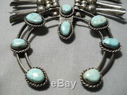 Huge Vintage Navajo Authentic Turquoise Sterling Silver Squash Blossom Necklace