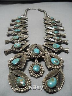 Huge Vintage Navajo Royston Turquoise Sterling Silver Squash Blossom Necklace