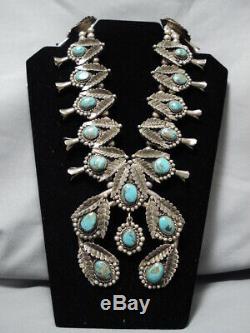 Huge Vintage Navajo Royston Turquoise Sterling Silver Squash Blossom Necklace