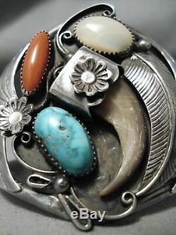 Huge Vintage Navajo Turquoise Coral Sterling Silver Bracelet Old