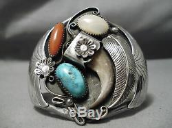 Huge Vintage Navajo Turquoise Coral Sterling Silver Bracelet Old