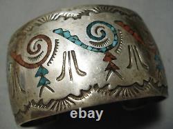 Huge Vintage Navajo Turquoise Coral Sterling Silver Wave Inlay Bracelet Old