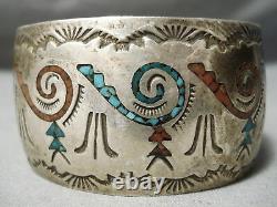 Huge Vintage Navajo Turquoise Coral Sterling Silver Wave Inlay Bracelet Old