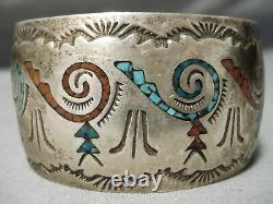 Huge Vintage Navajo Turquoise Coral Sterling Silver Wave Inlay Bracelet Old