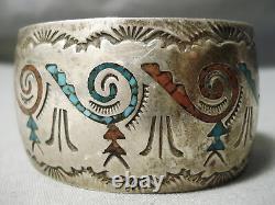 Huge Vintage Navajo Turquoise Coral Sterling Silver Wave Inlay Bracelet Old