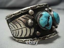 Huge Vintage Navajo Turquoise Wave Sterling Silver Native American Cuff Bracelet
