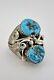 Huge Vtg Navajo Sterling Silver Double Kingman Turquoise Stamped Ring 21.6g