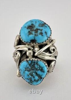 Huge Vtg Navajo Sterling Silver Double Kingman Turquoise Stamped Ring 21.6g