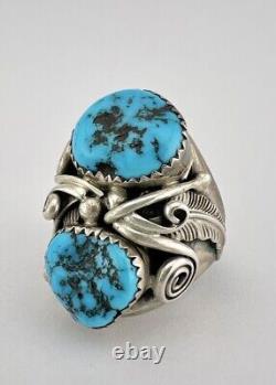 Huge Vtg Navajo Sterling Silver Double Kingman Turquoise Stamped Ring 21.6g