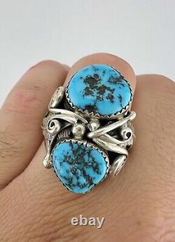 Huge Vtg Navajo Sterling Silver Double Kingman Turquoise Stamped Ring 21.6g