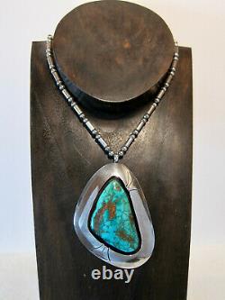 Huge Vtg Navajo Sterling Spiderweb Turquoise Shadowbox Pendant Necklace Old Pawn