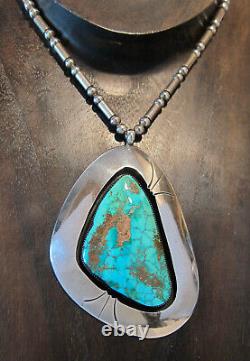 Huge Vtg Navajo Sterling Spiderweb Turquoise Shadowbox Pendant Necklace Old Pawn