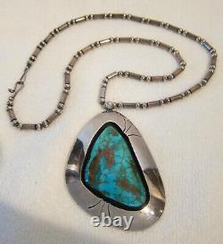 Huge Vtg Navajo Sterling Spiderweb Turquoise Shadowbox Pendant Necklace Old Pawn