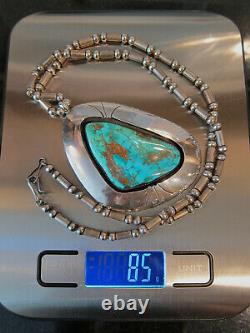 Huge Vtg Navajo Sterling Spiderweb Turquoise Shadowbox Pendant Necklace Old Pawn