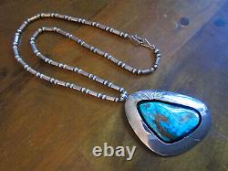 Huge Vtg Navajo Sterling Spiderweb Turquoise Shadowbox Pendant Necklace Old Pawn