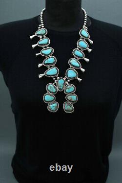 Huge handmade vintage silver and turquoise Squash Blossom Navajo necklace